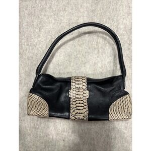 Kate Landry Leather Shoulder Bag Purse Black Pebbled And Beige Snakeskin